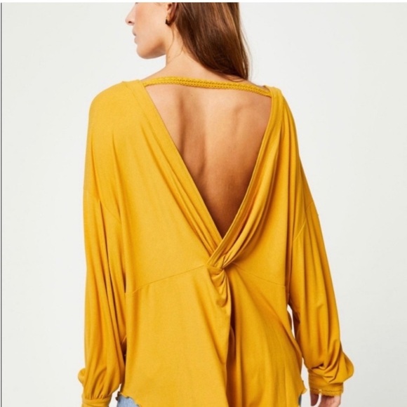 🌼SOLD 10/04/2024🌼Free People Mustard yellow billowy sleeve plunge backless top - Picture 5 of 7